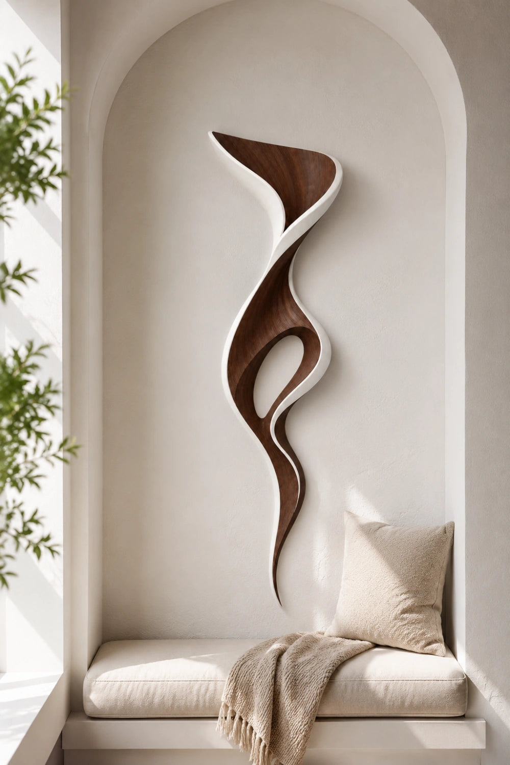 White & Walnut Wood Wall Sculpture | Abstract Cutout Wall Art | Two-Tone Relief