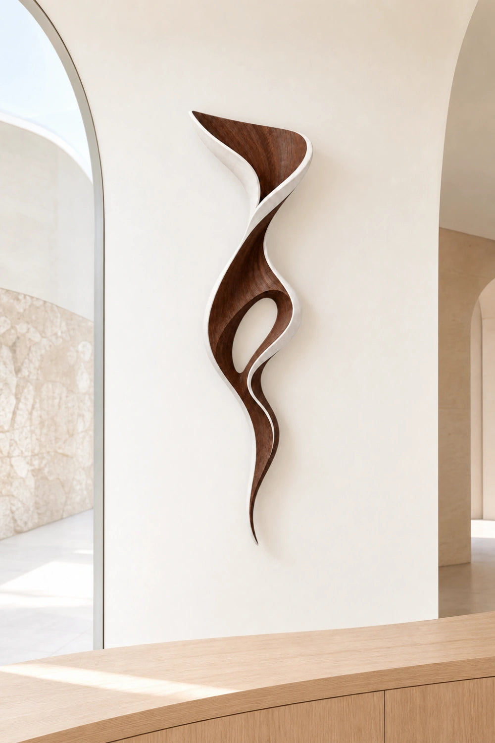 White & Walnut Wood Wall Sculpture | Abstract Cutout Wall Art | Two-Tone Relief