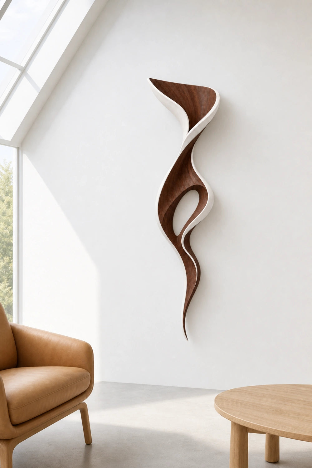 White & Walnut Wood Wall Sculpture | Abstract Cutout Wall Art | Two-Tone Relief