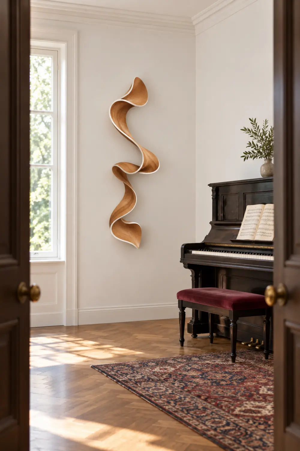 Cascading Wooden Ribbon Sculpture | Modern Sinuous Swirl Accent Home Decor