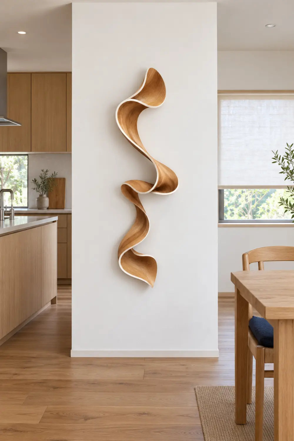 Cascading Wooden Ribbon Sculpture | Modern Sinuous Swirl Accent Home Decor