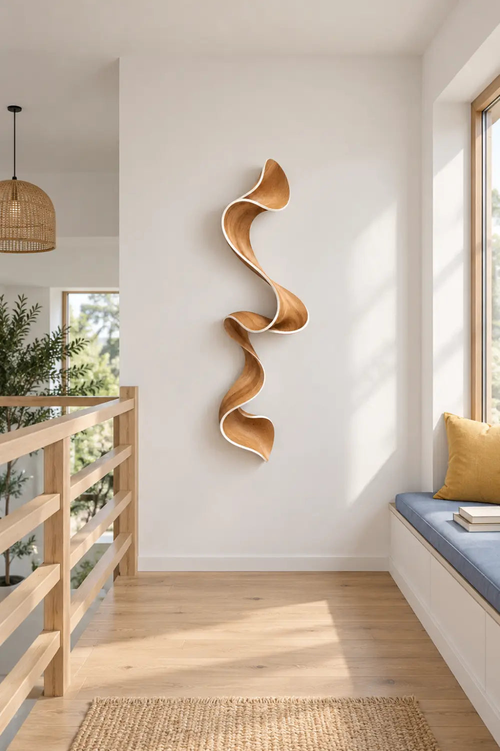Cascading Wooden Ribbon Sculpture | Modern Sinuous Swirl Accent Home Decor