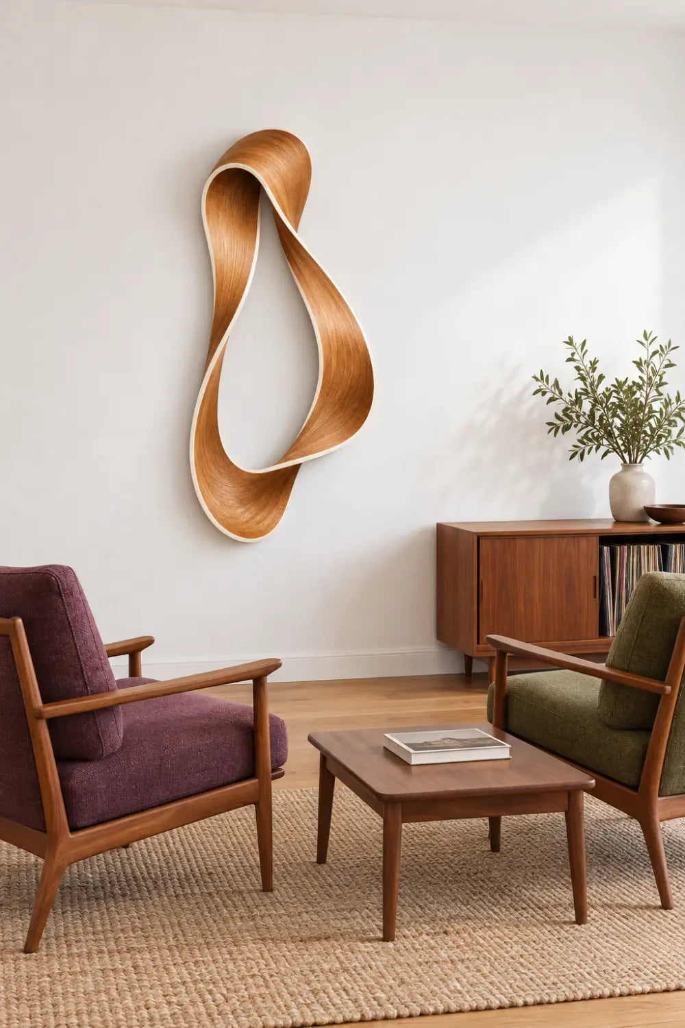 Vertical Twisted Wooden Ribbon Sculpture | Abstract Teardrop Loop Home Decor