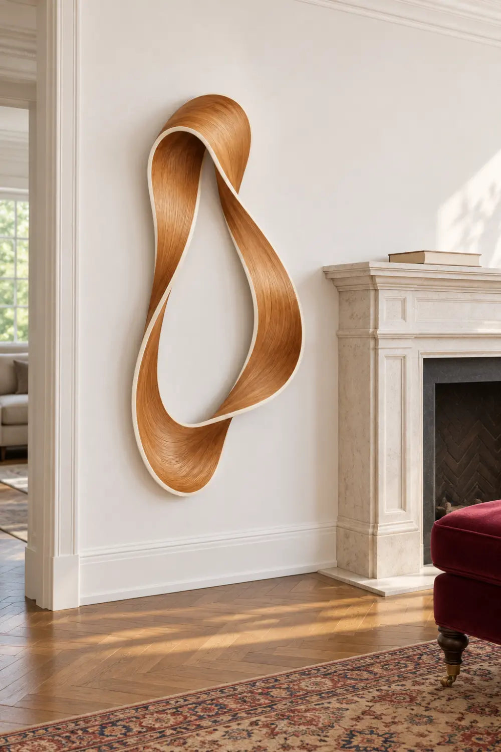 Vertical Twisted Wooden Ribbon Sculpture | Abstract Teardrop Loop Home Decor