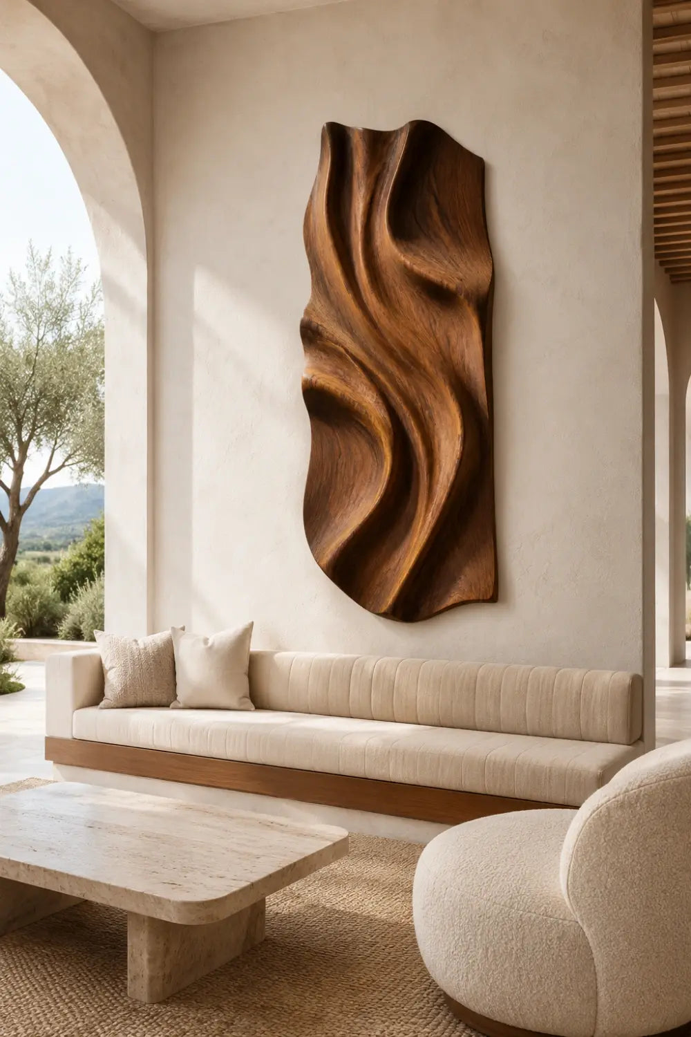 Abstract Wood Wall Relief Sculpture | 3D Wave Carved Panel