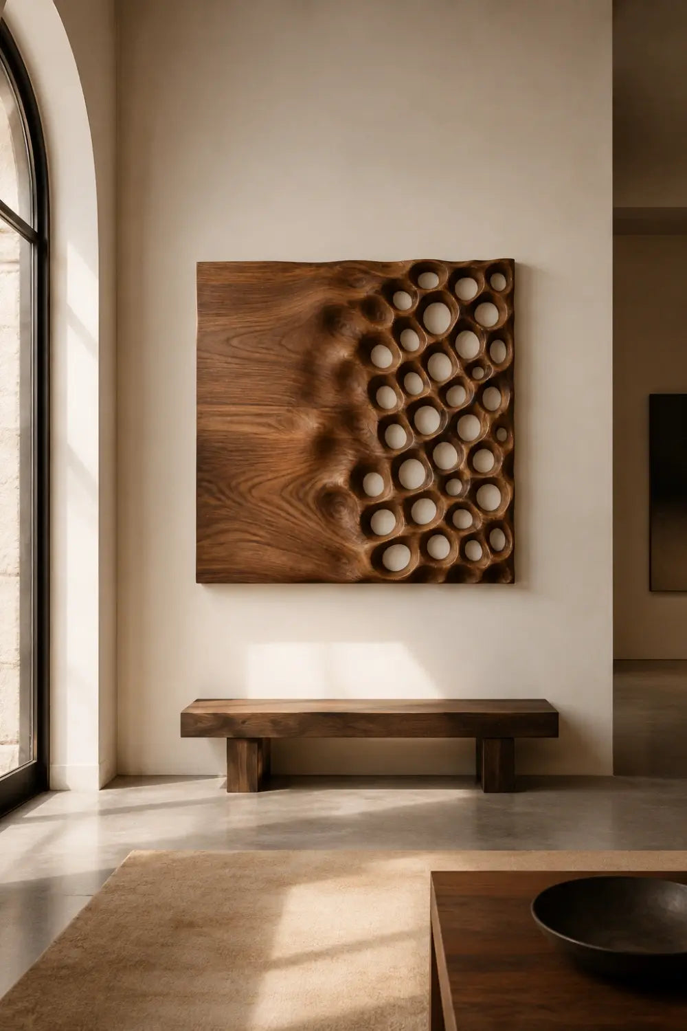 Square Wood Wall Relief | Honeycomb Carved Panel Art