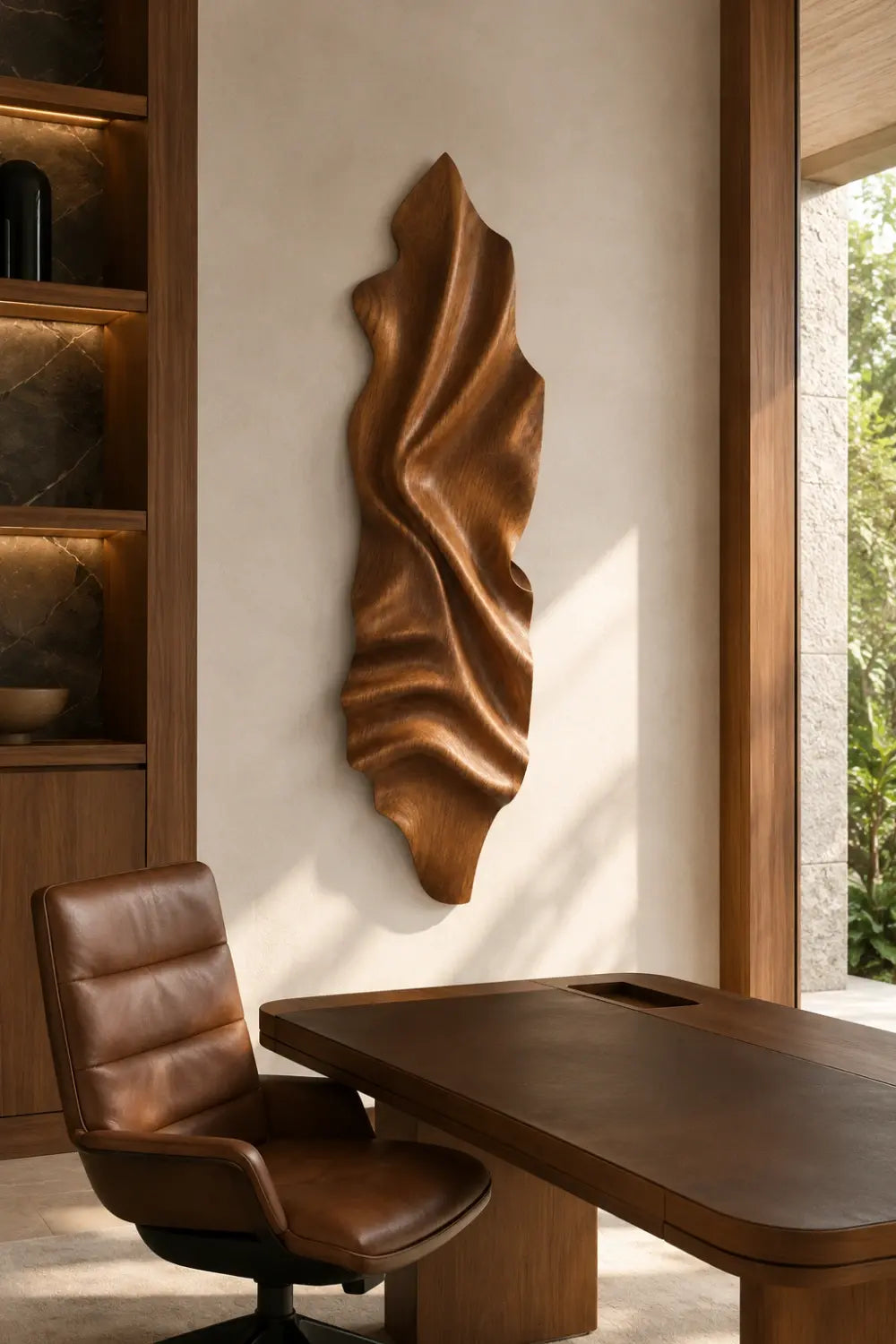 Vertical Wood Wall Relief | Organic Wave Carved Art