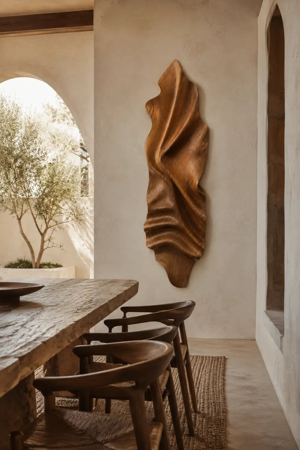 Vertical Wood Wall Relief | Organic Wave Carved Art