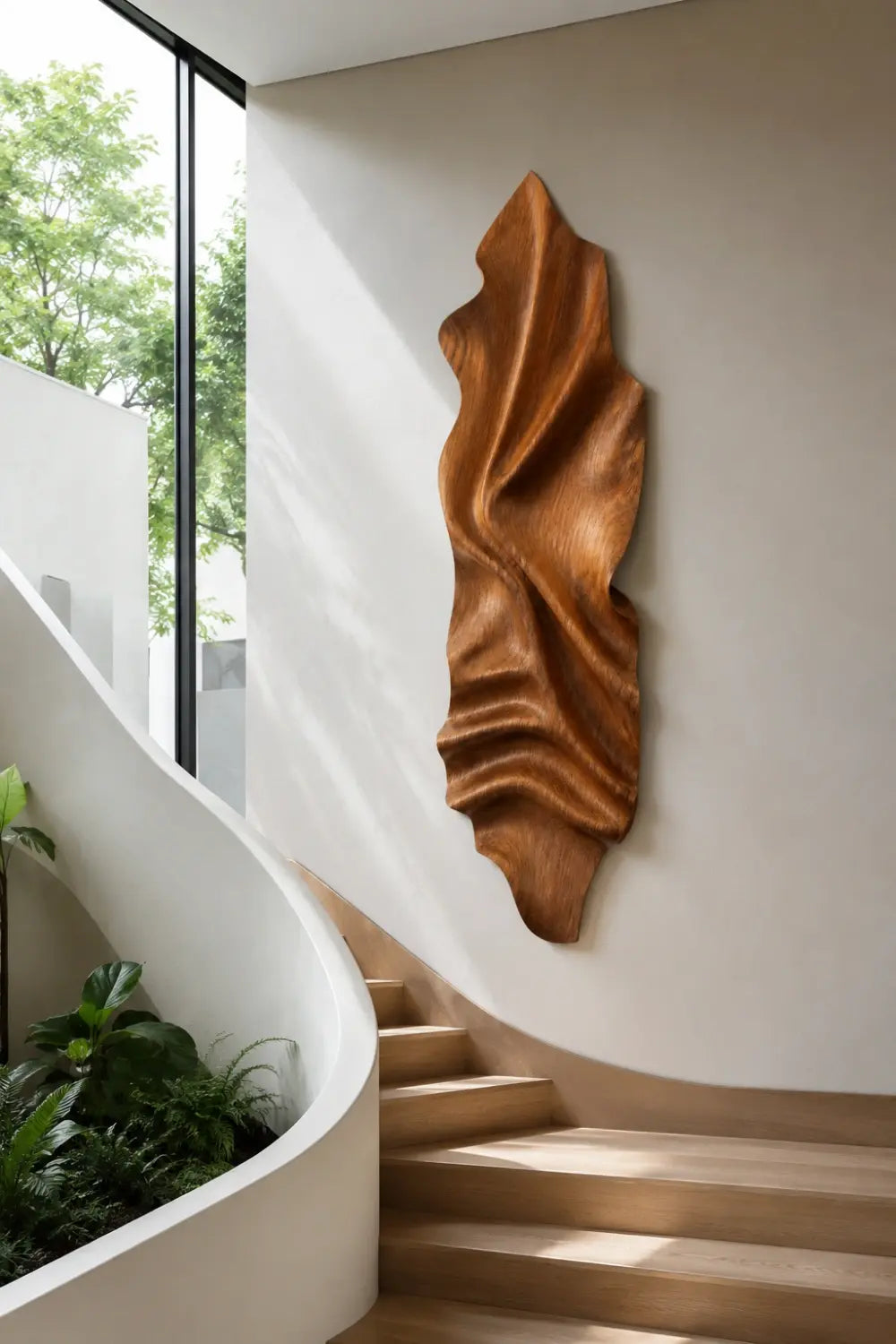 Vertical Wood Wall Relief | Organic Wave Carved Art