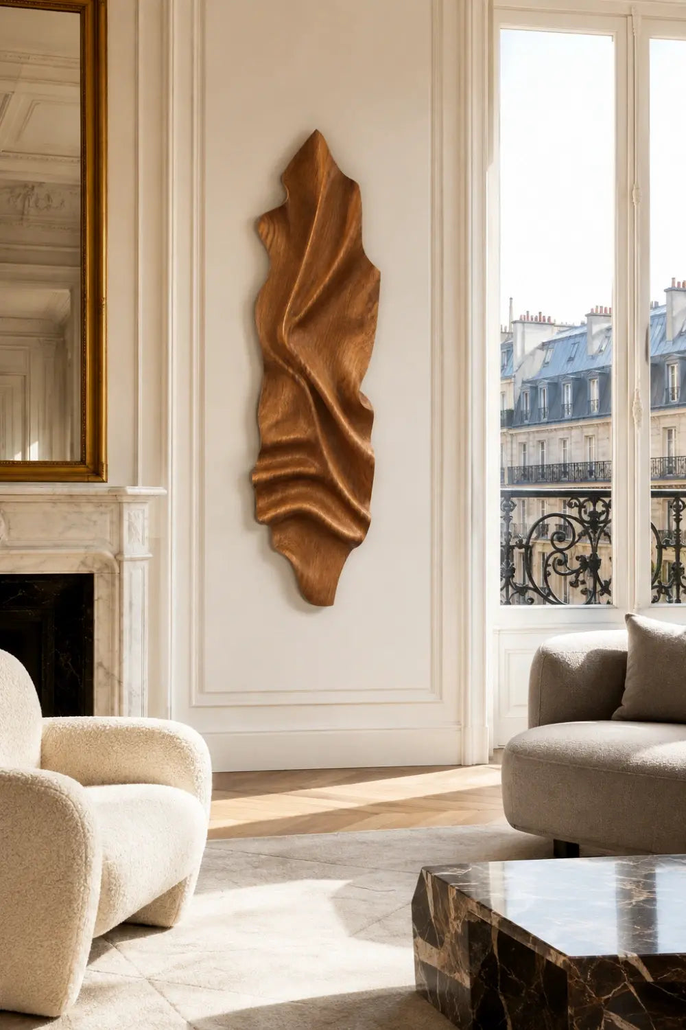 Vertical Wood Wall Relief | Organic Wave Carved Art