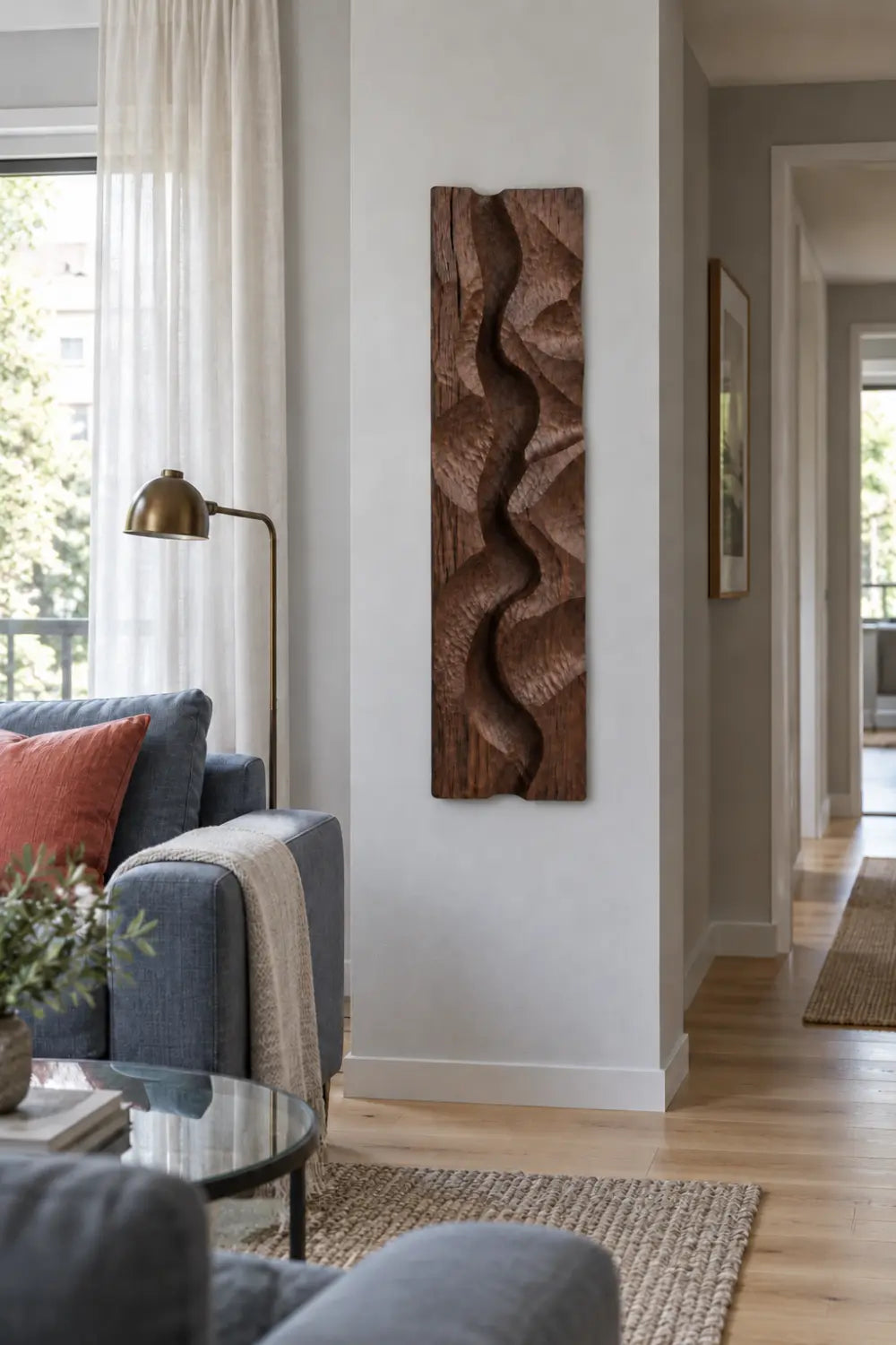 Modern Brown Wood Wall Art | Carved Wave Wall Sculpture for Living Space