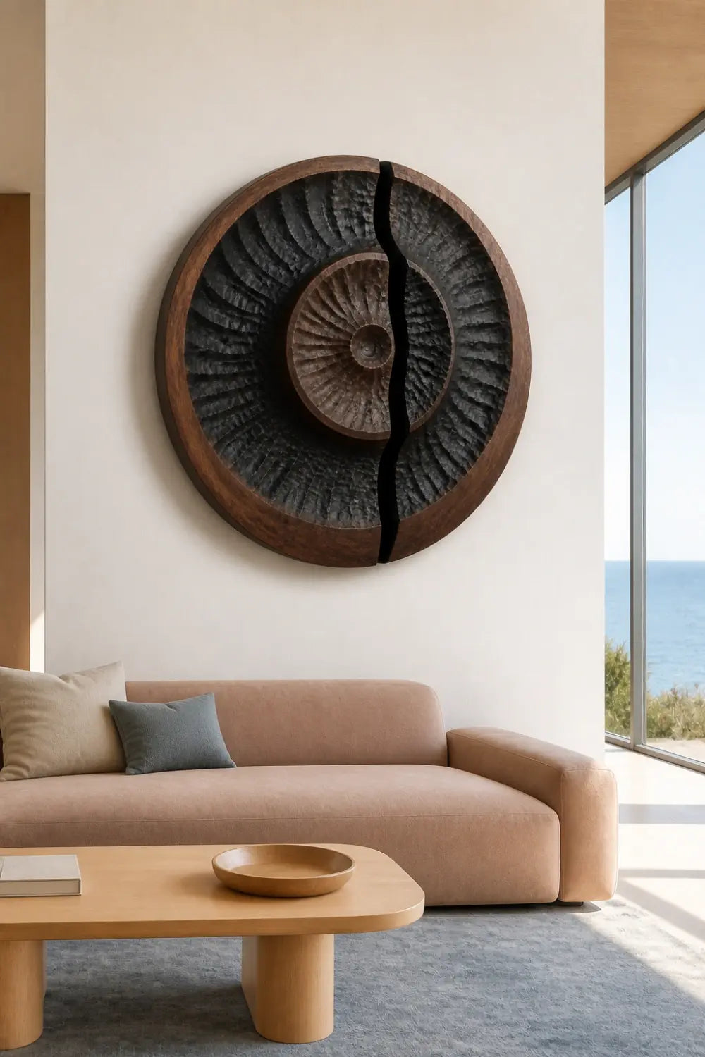 Round Carved Wooden Wall Art Sculpture | Modern Textured Relief Decor Panel