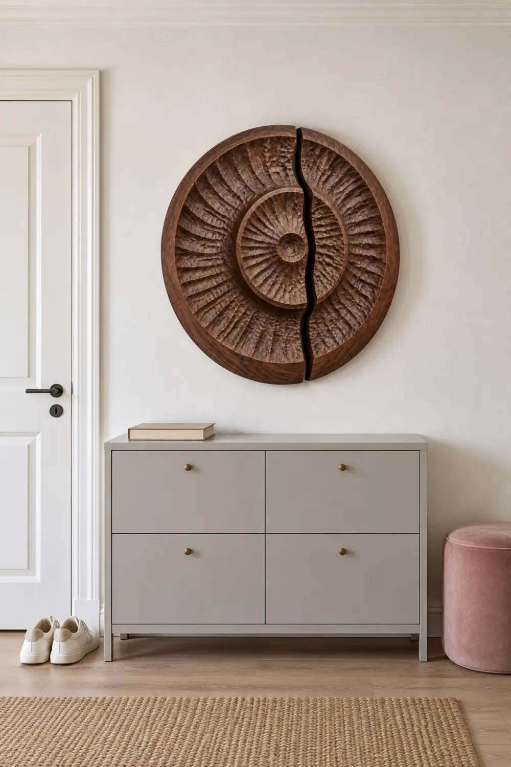 Round Carved Wooden Wall Art Sculpture | Modern Textured Relief Decor Panel