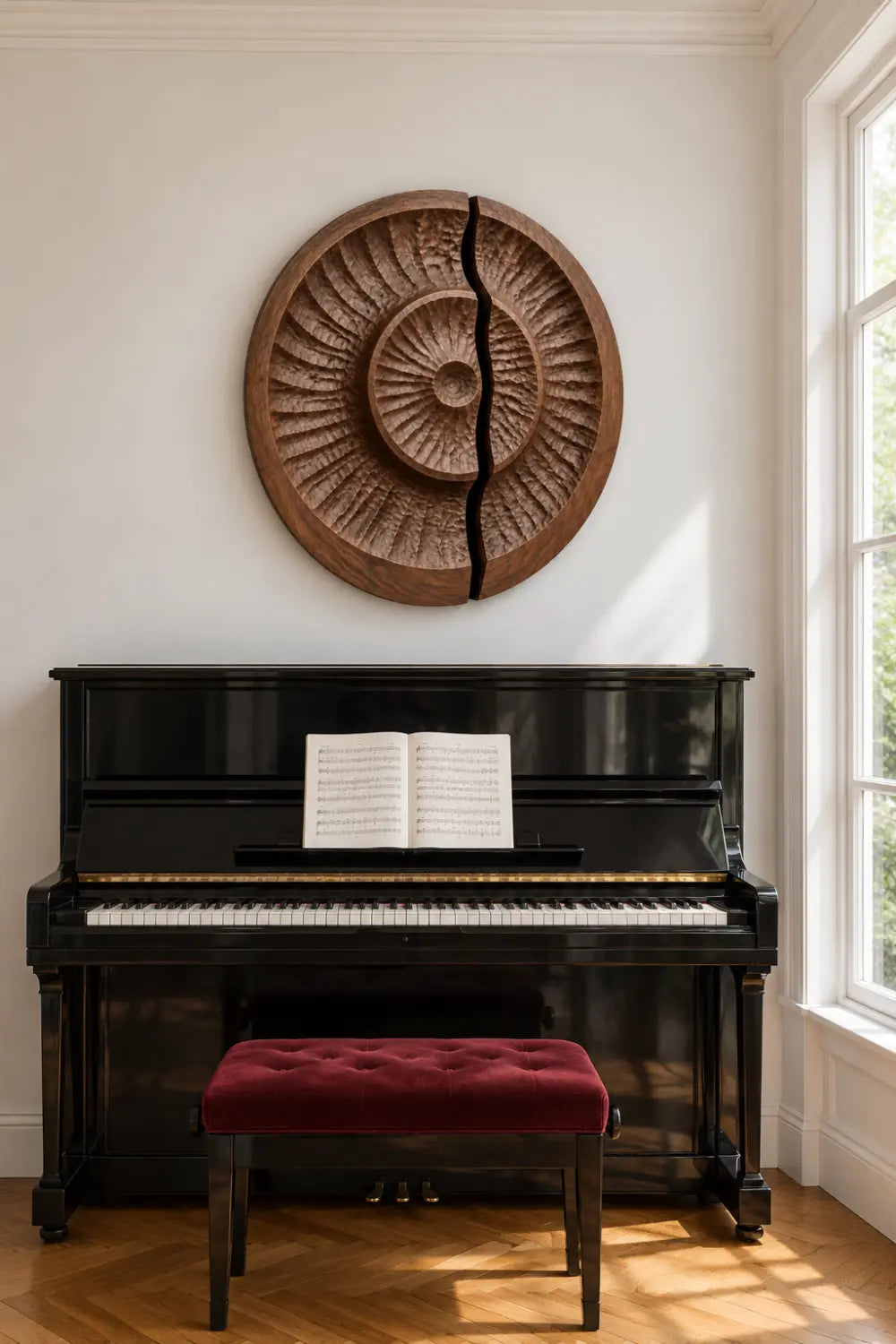 Round Carved Wooden Wall Art Sculpture | Modern Textured Relief Decor Panel
