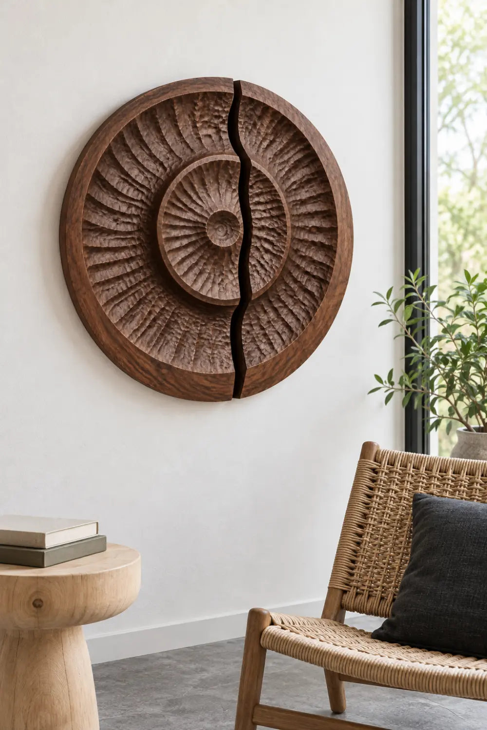 Round Carved Wooden Wall Art Sculpture | Modern Textured Relief Decor Panel
