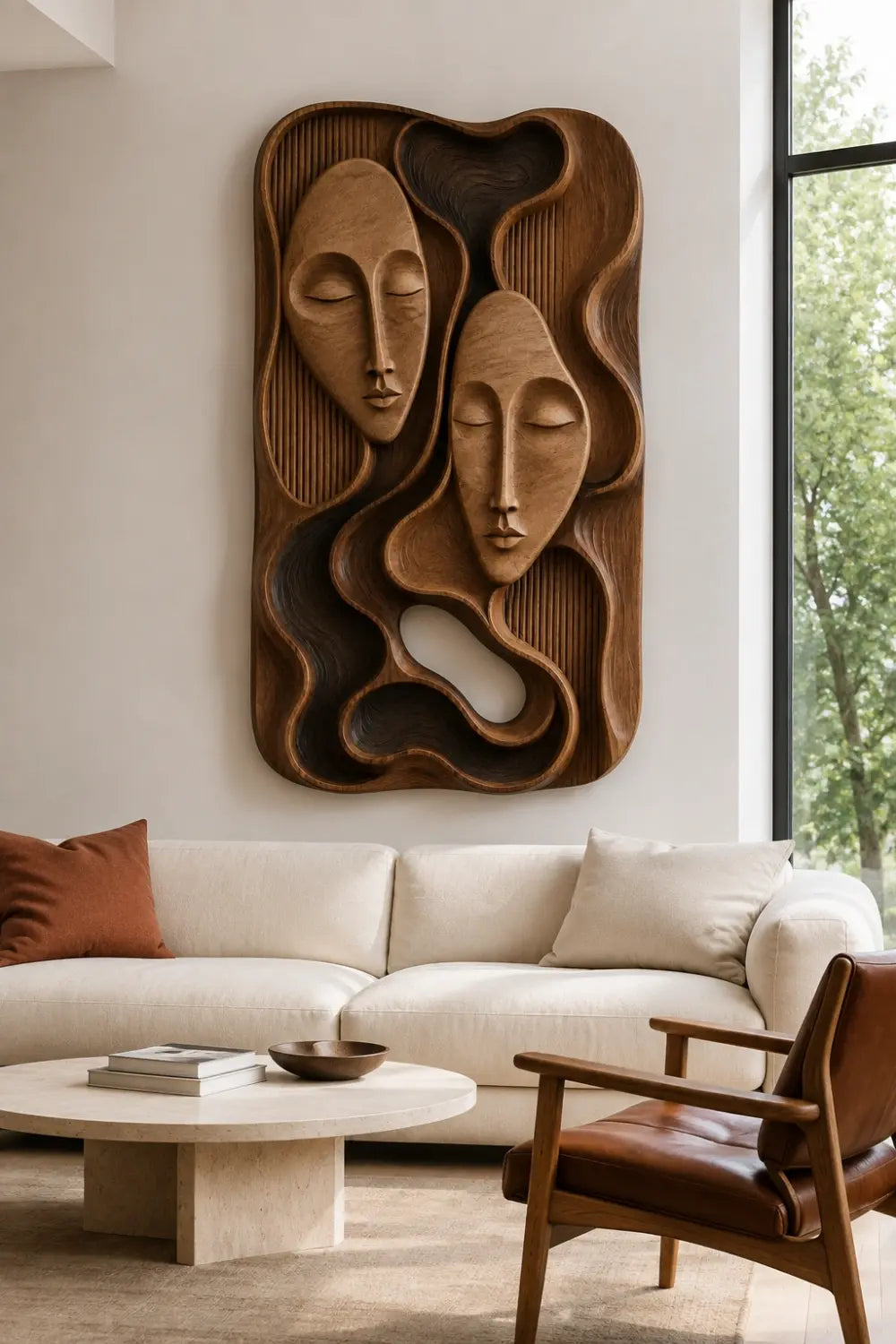 Modern Abstract Face Wooden Wall Decor | Carved Relief Hanging Panel Art
