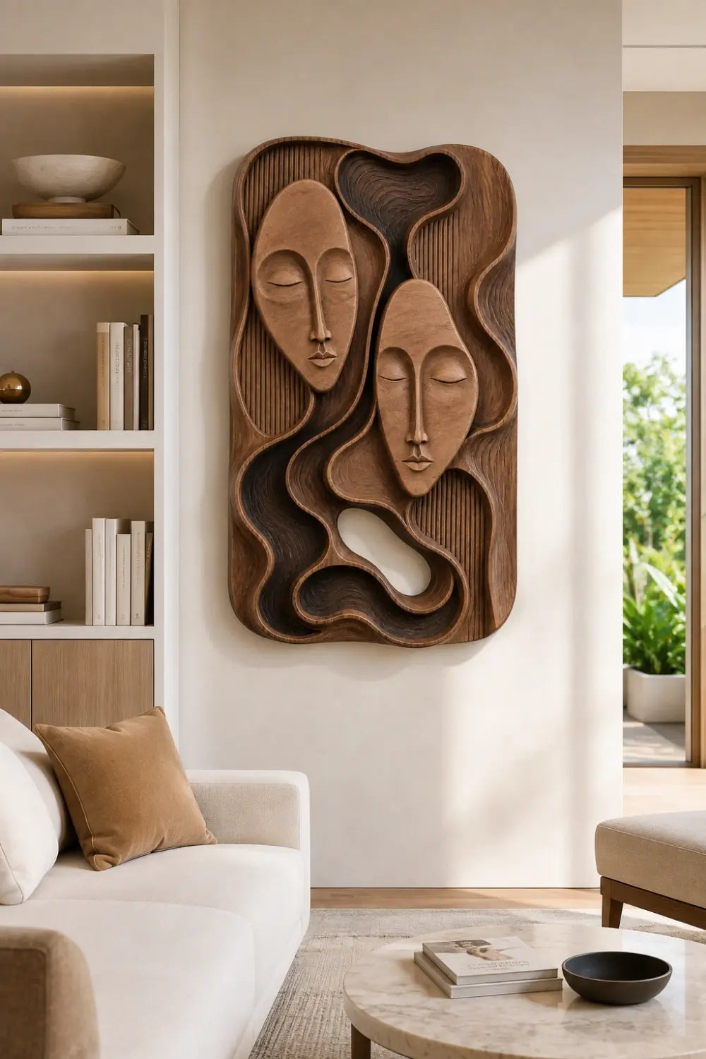 Modern Abstract Face Wooden Wall Decor | Carved Relief Hanging Panel Art