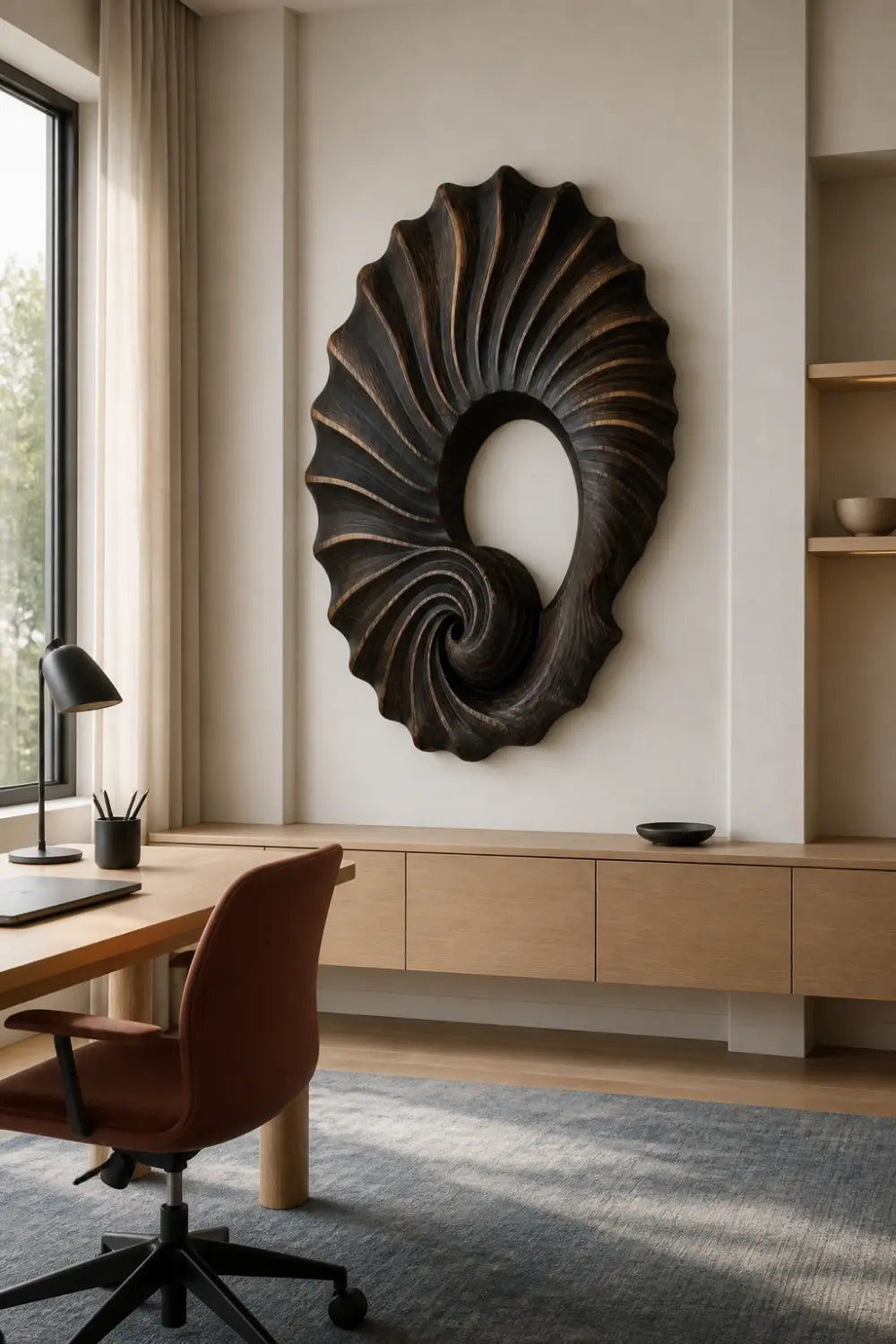 Carved Wooden Spiral Shell Wall Sculpture | Modern Nautilus Wood Relief Decor