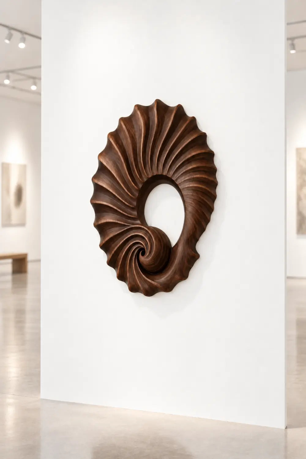 Carved Wooden Spiral Shell Wall Sculpture | Modern Nautilus Wood Relief Decor