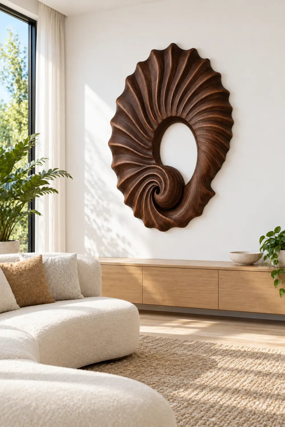 Carved Wooden Spiral Shell Wall Sculpture | Modern Nautilus Wood Relief Decor