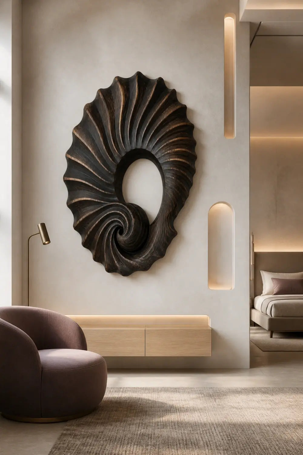 Carved Wooden Spiral Shell Wall Sculpture | Modern Nautilus Wood Relief Decor