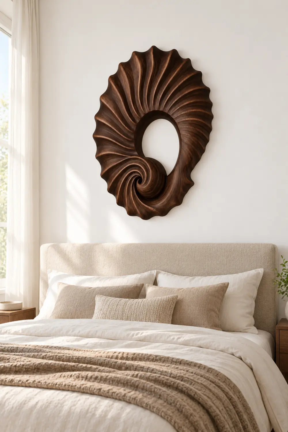Carved Wooden Spiral Shell Wall Sculpture | Modern Nautilus Wood Relief Decor