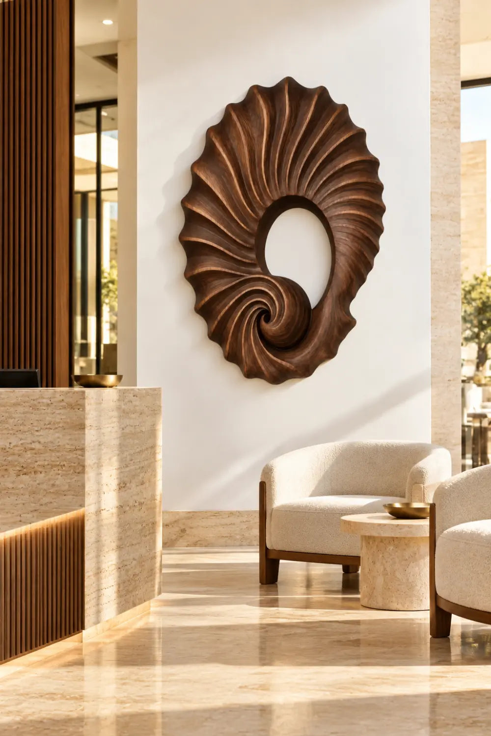Carved Wooden Spiral Shell Wall Sculpture | Modern Nautilus Wood Relief Decor