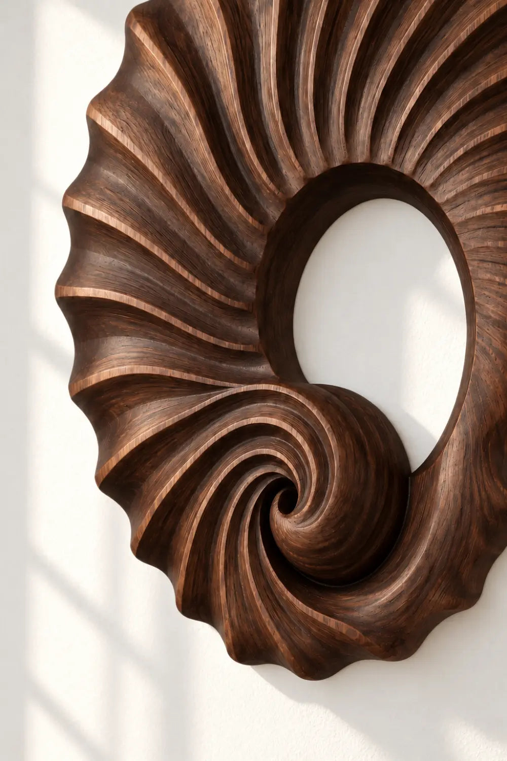 Carved Wooden Spiral Shell Wall Sculpture | Modern Nautilus Wood Relief Decor