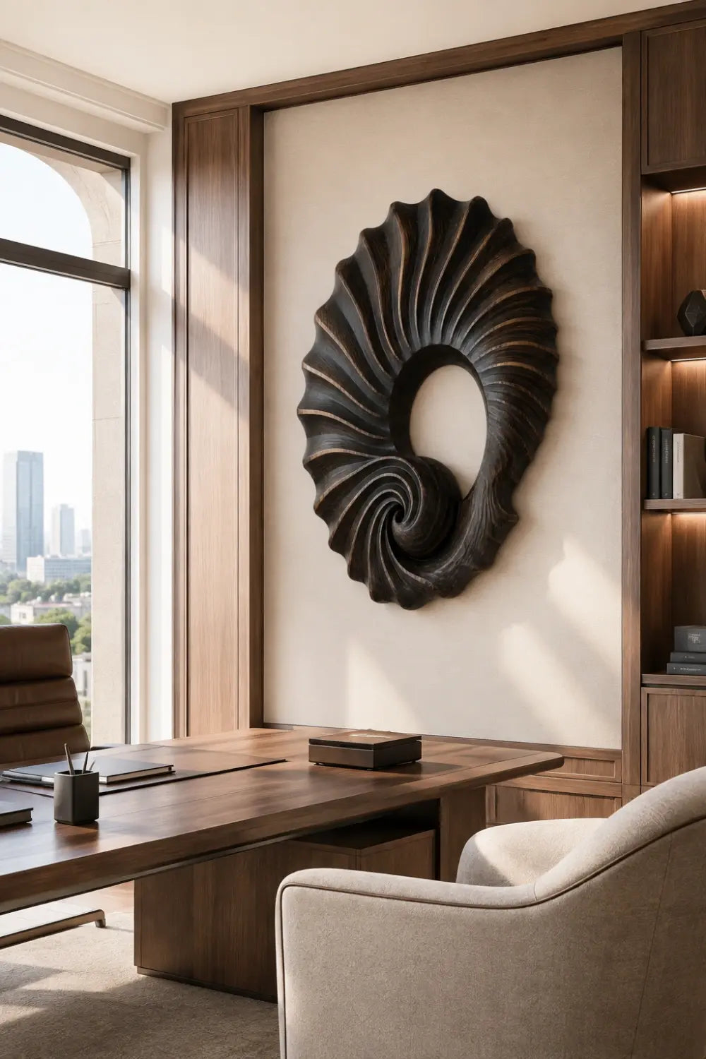 Carved Wooden Spiral Shell Wall Sculpture | Modern Nautilus Wood Relief Decor