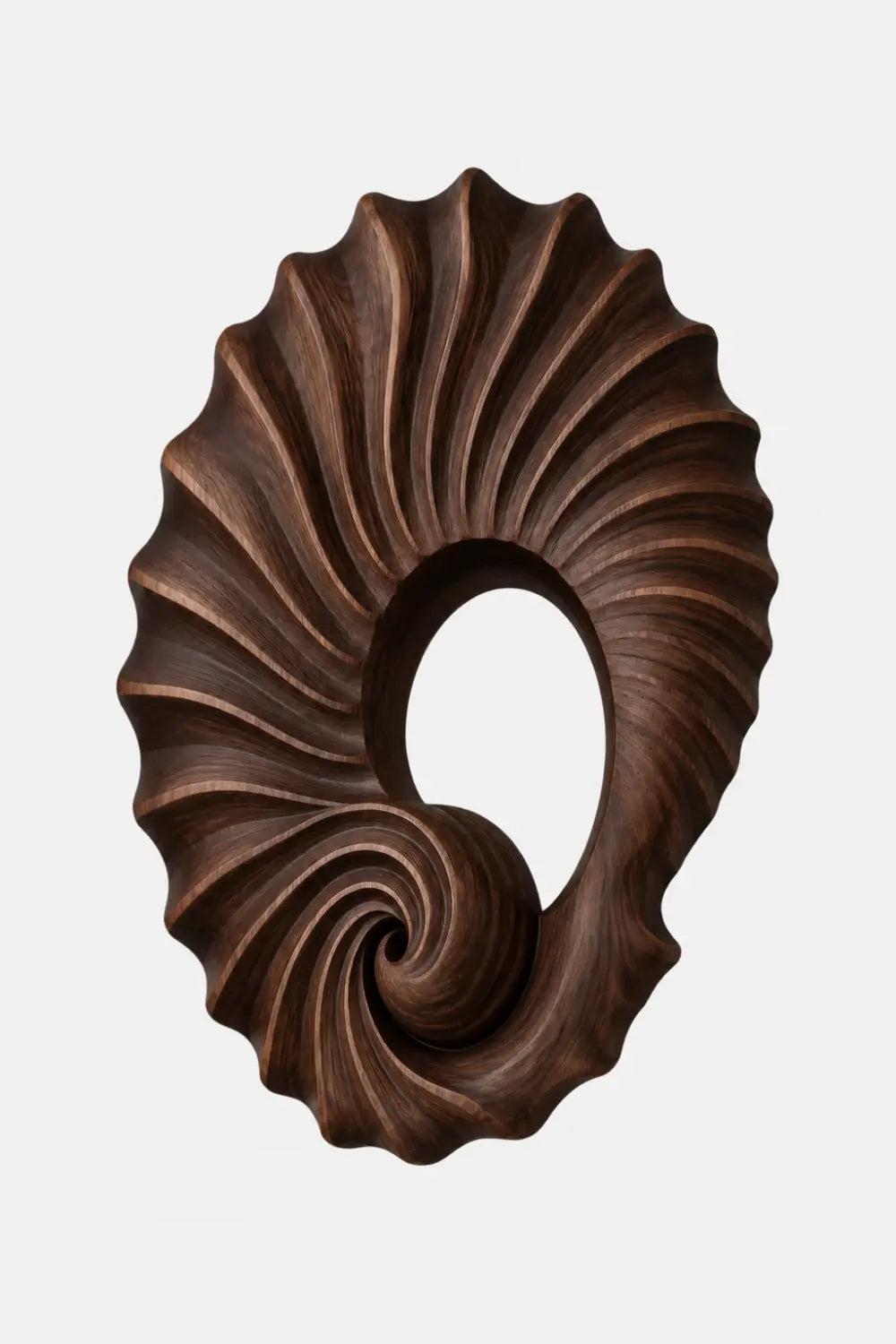 Carved Wooden Spiral Shell Wall Sculpture | Modern Nautilus Wood Relief Decor