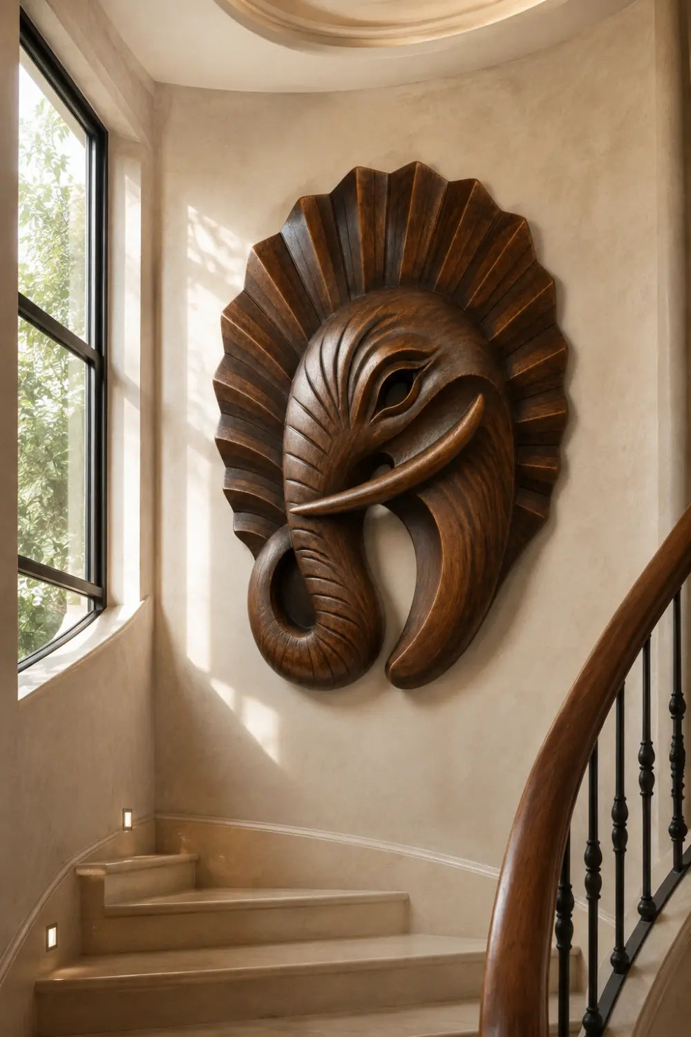 Art Deco Wooden Elephant Wall Sculpture | Carved Fluted Relief Decor