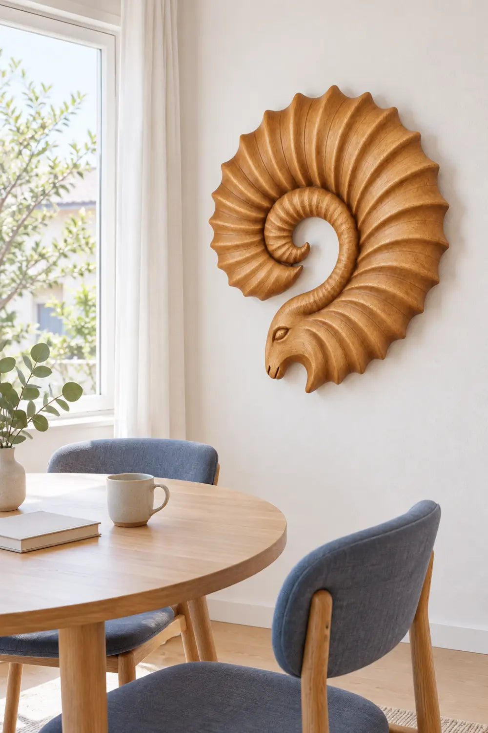 Carved Wooden Ram Horn Wall Sculpture | Ribbed Spiral Animal Relief Decor