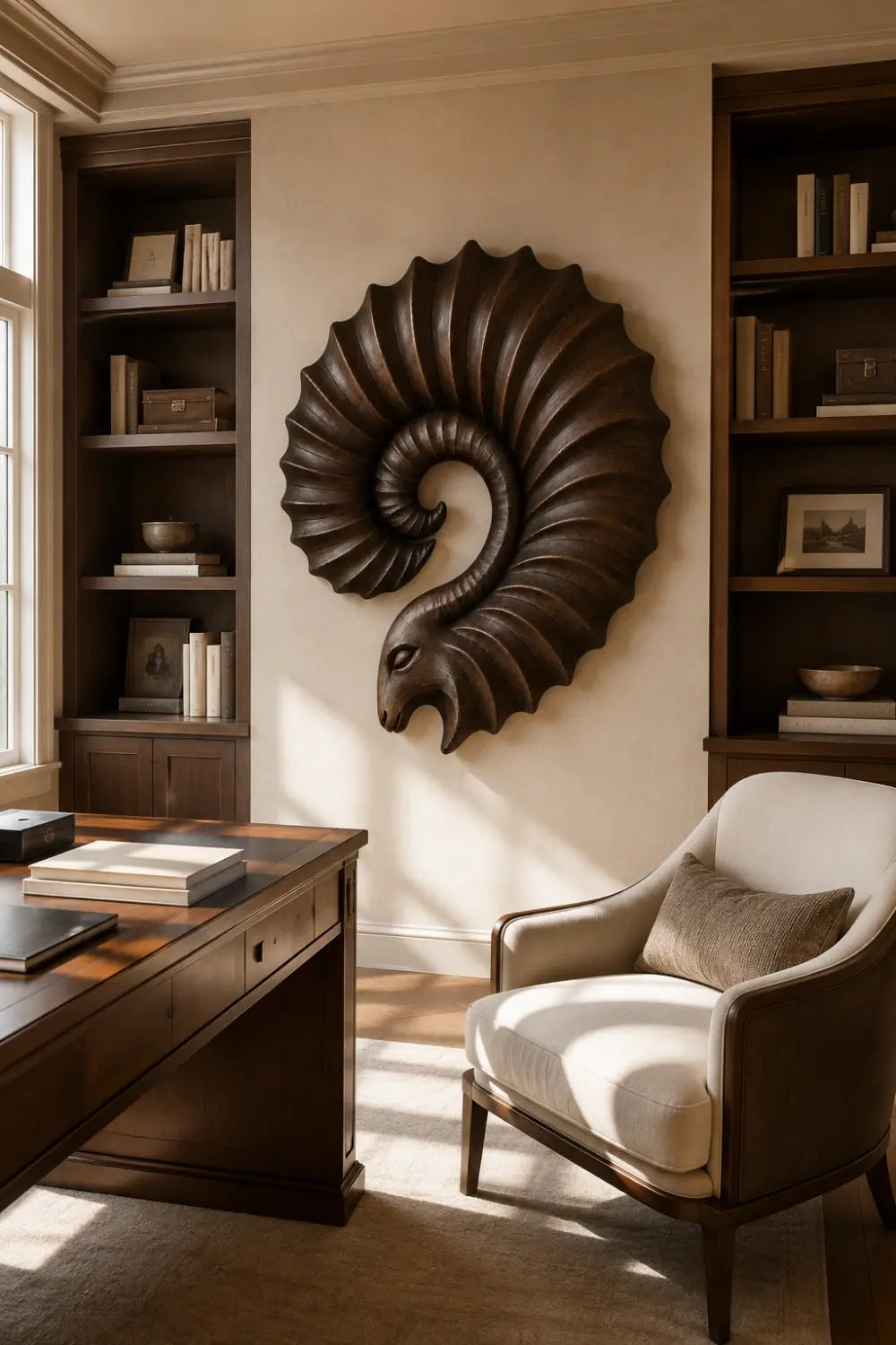 Carved Wooden Ram Horn Wall Sculpture | Ribbed Spiral Animal Relief Decor