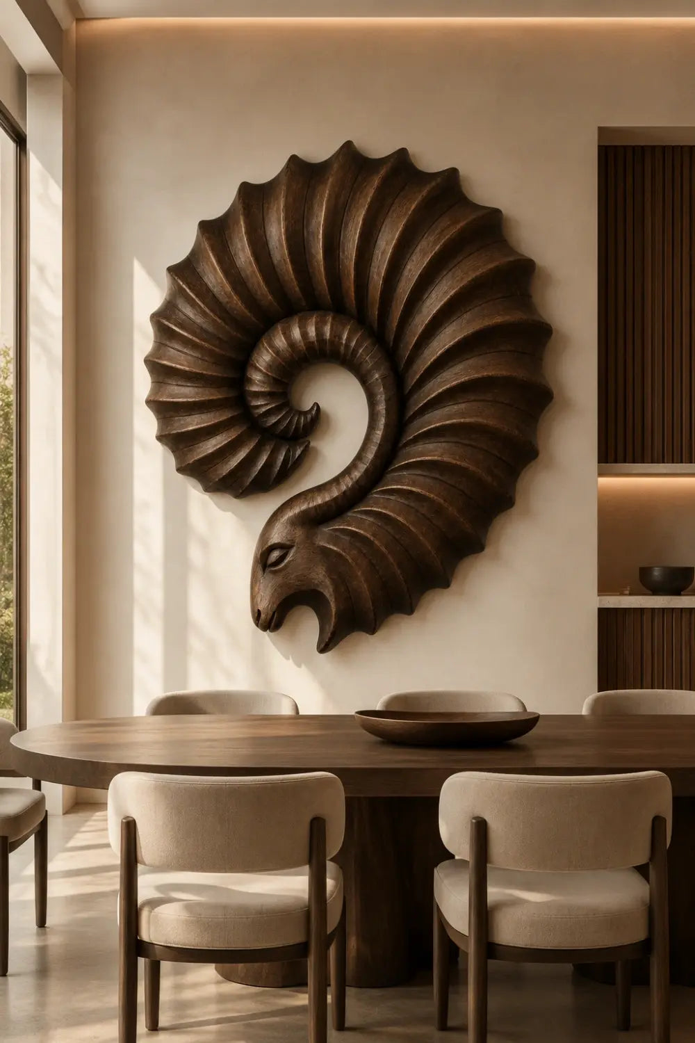 Carved Wooden Ram Horn Wall Sculpture | Ribbed Spiral Animal Relief Decor