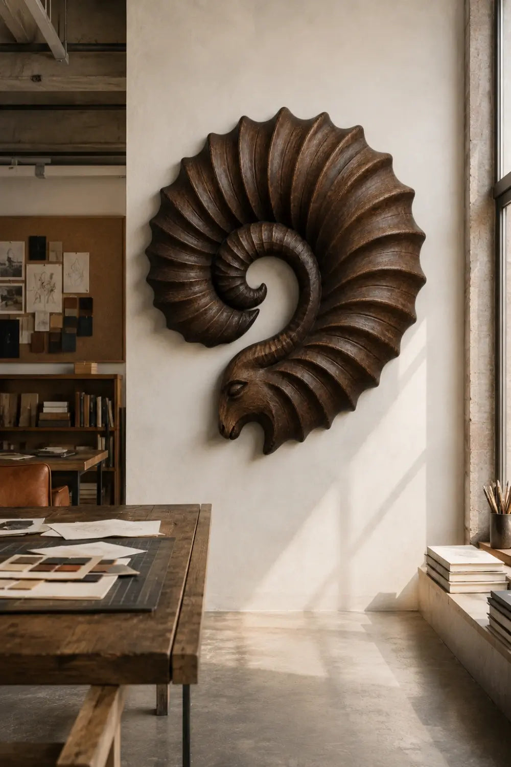 Carved Wooden Ram Horn Wall Sculpture | Ribbed Spiral Animal Relief Decor
