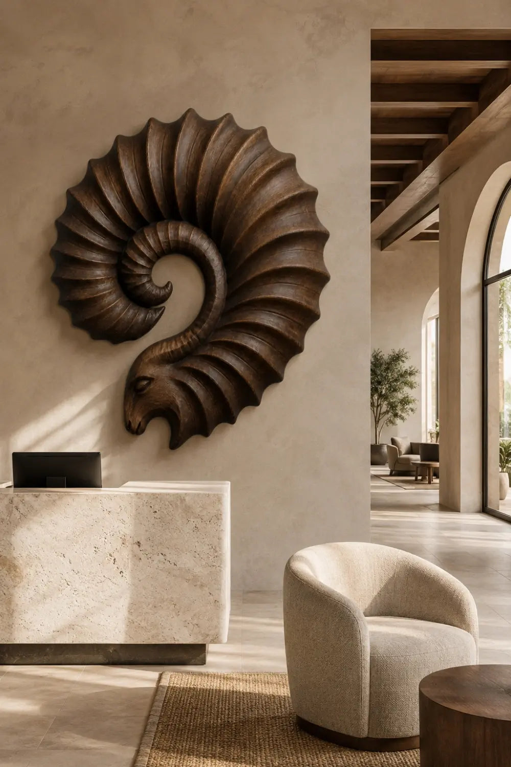Carved Wooden Ram Horn Wall Sculpture | Ribbed Spiral Animal Relief Decor