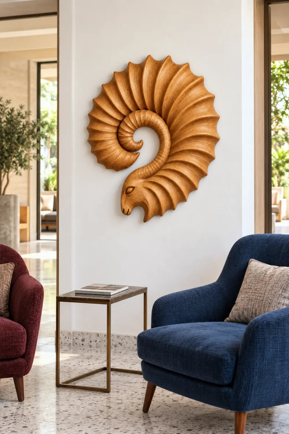 Carved Wooden Ram Horn Wall Sculpture | Ribbed Spiral Animal Relief Decor