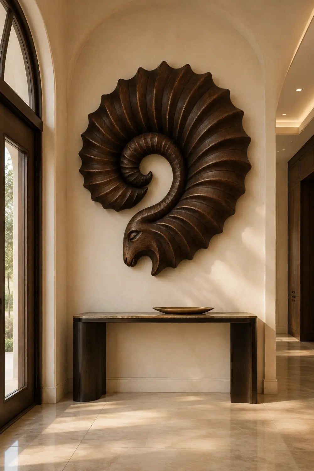 Carved Wooden Ram Horn Wall Sculpture | Ribbed Spiral Animal Relief Decor