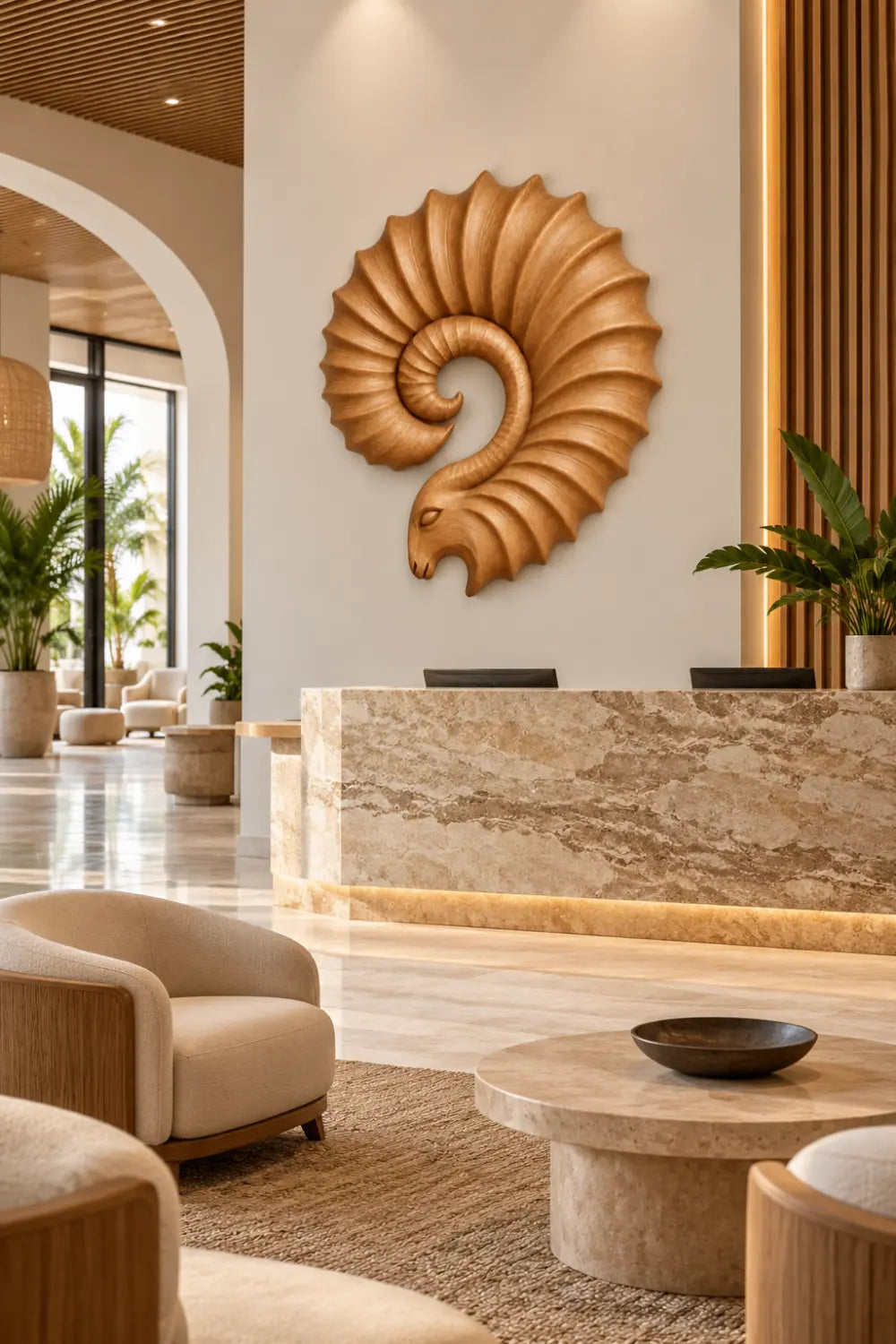 Carved Wooden Ram Horn Wall Sculpture | Ribbed Spiral Animal Relief Decor