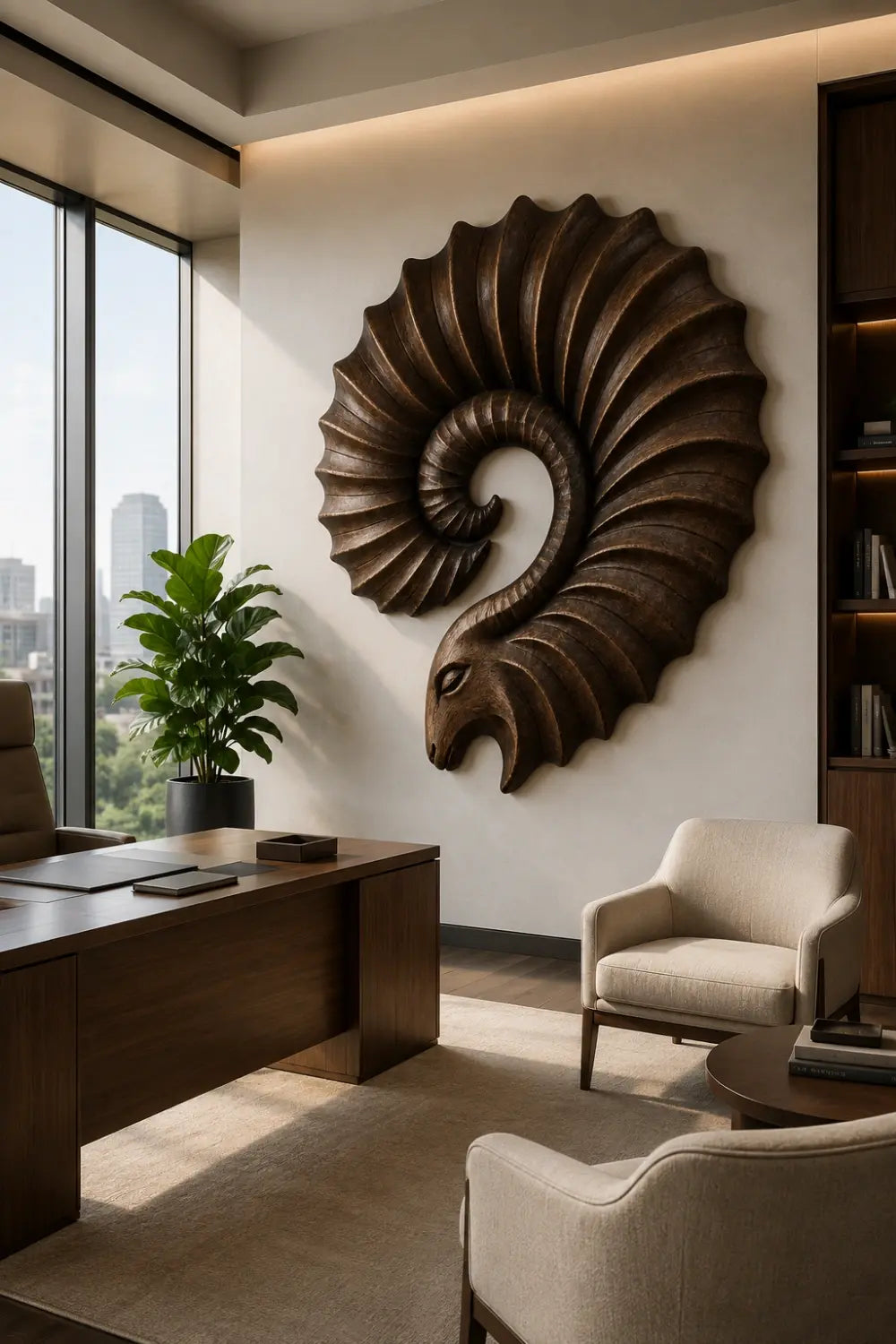 Carved Wooden Ram Horn Wall Sculpture | Ribbed Spiral Animal Relief Decor