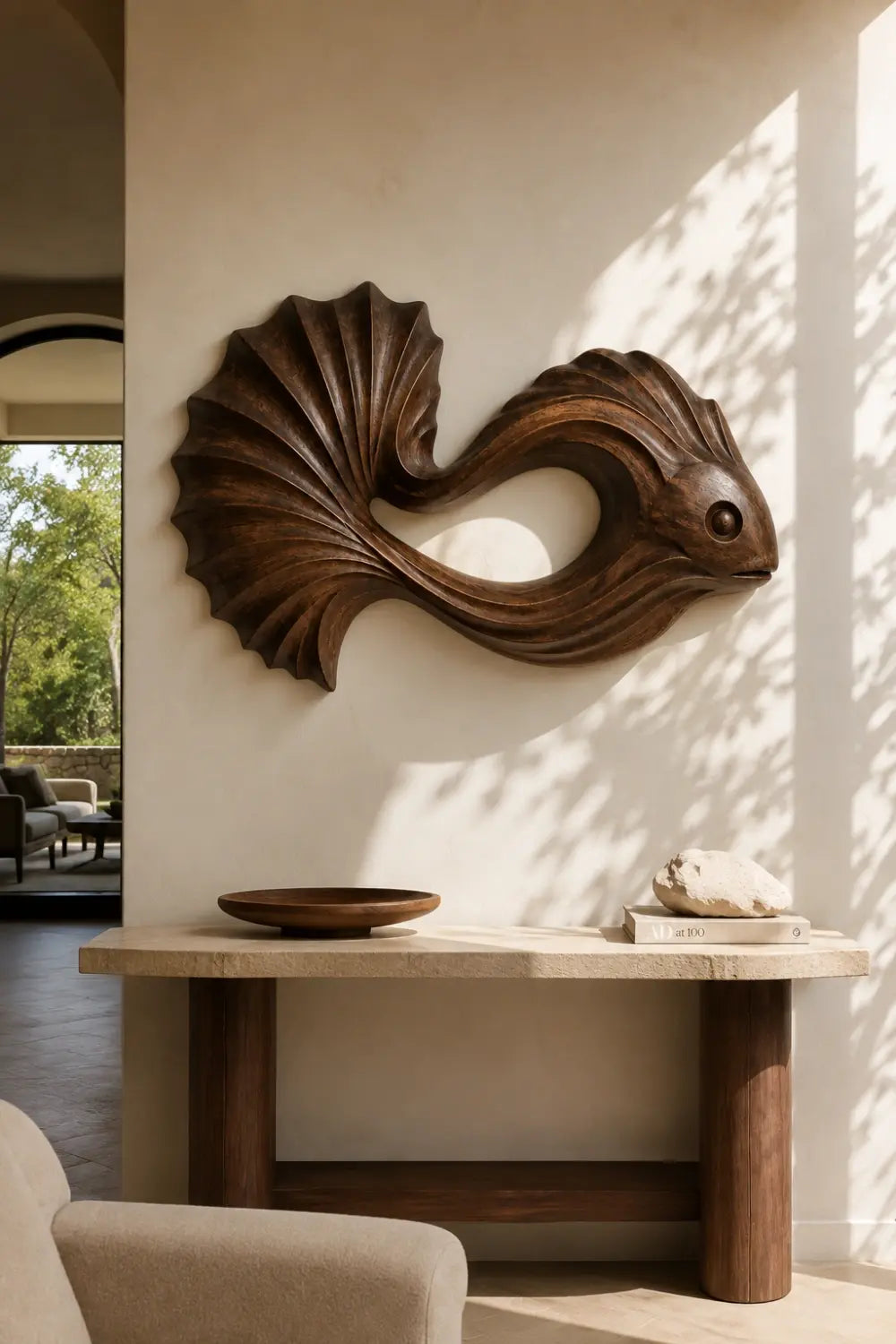 Carved Wooden Betta Fish Wall Art Sculpture | Modern Aquatic Relief Decor