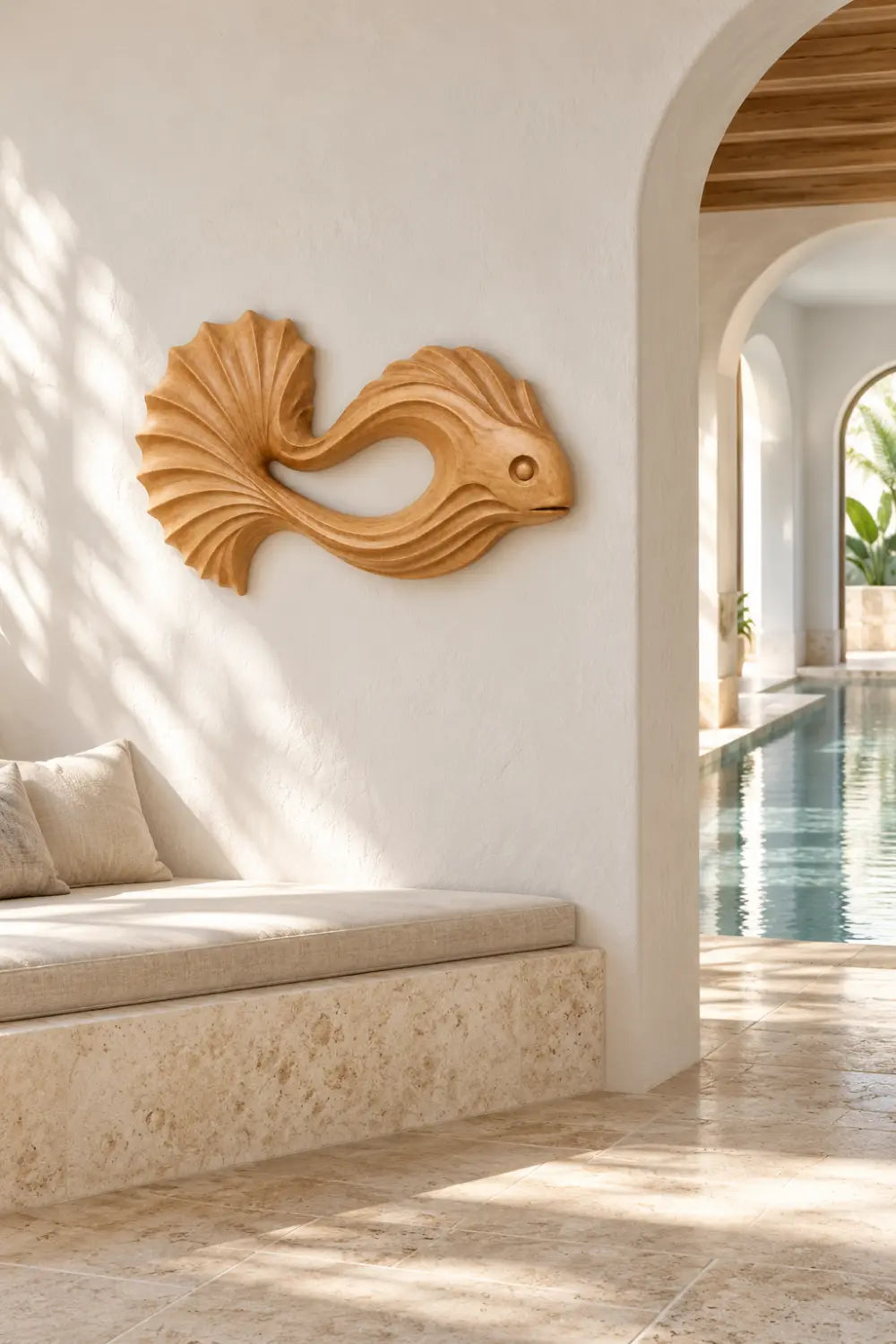 Carved Wooden Betta Fish Wall Art Sculpture | Modern Aquatic Relief Decor