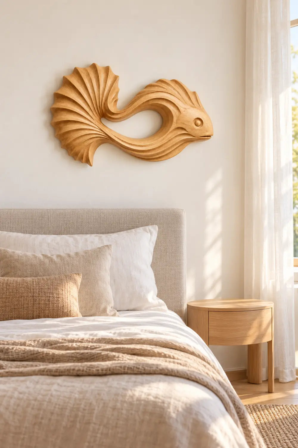 Carved Wooden Betta Fish Wall Art Sculpture | Modern Aquatic Relief Decor