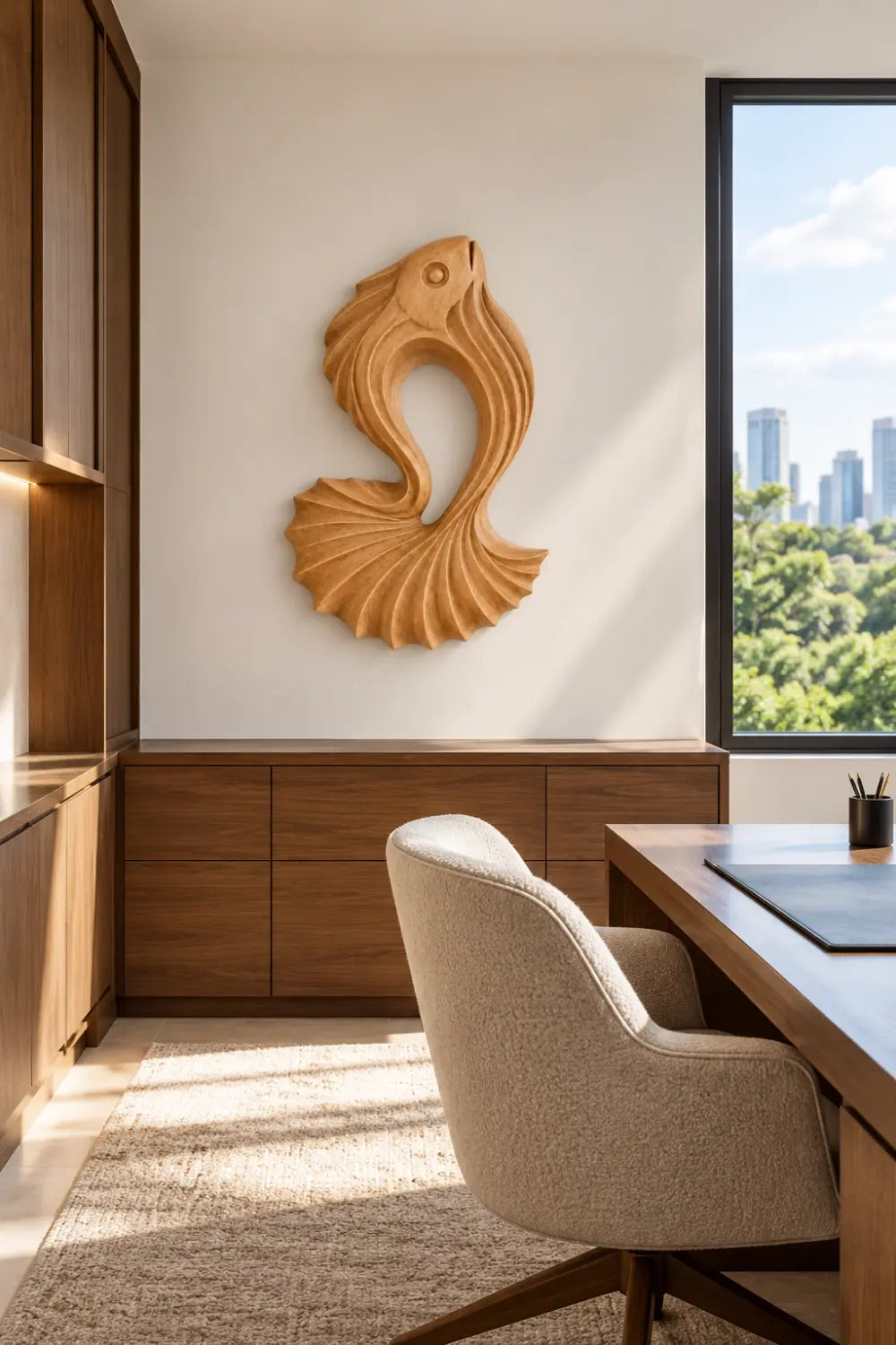 Carved Wooden Betta Fish Wall Art Sculpture | Modern Aquatic Relief Decor