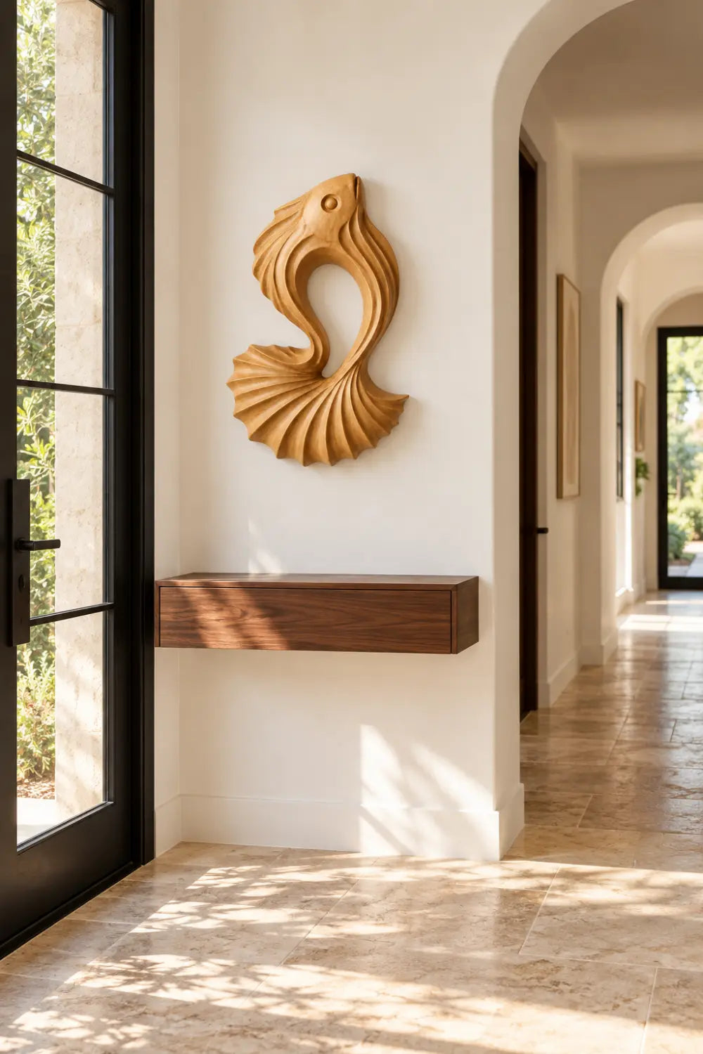 Carved Wooden Betta Fish Wall Art Sculpture | Modern Aquatic Relief Decor