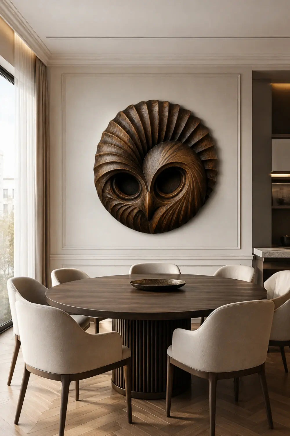 Handcrafted Wooden Owl Head Wall Sculpture | Round Feather Relief Art Decor