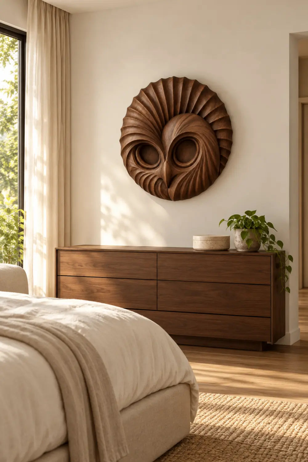Handcrafted Wooden Owl Head Wall Sculpture | Round Feather Relief Art Decor