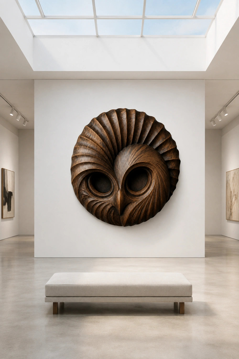 Handcrafted Wooden Owl Head Wall Sculpture | Round Feather Relief Art Decor