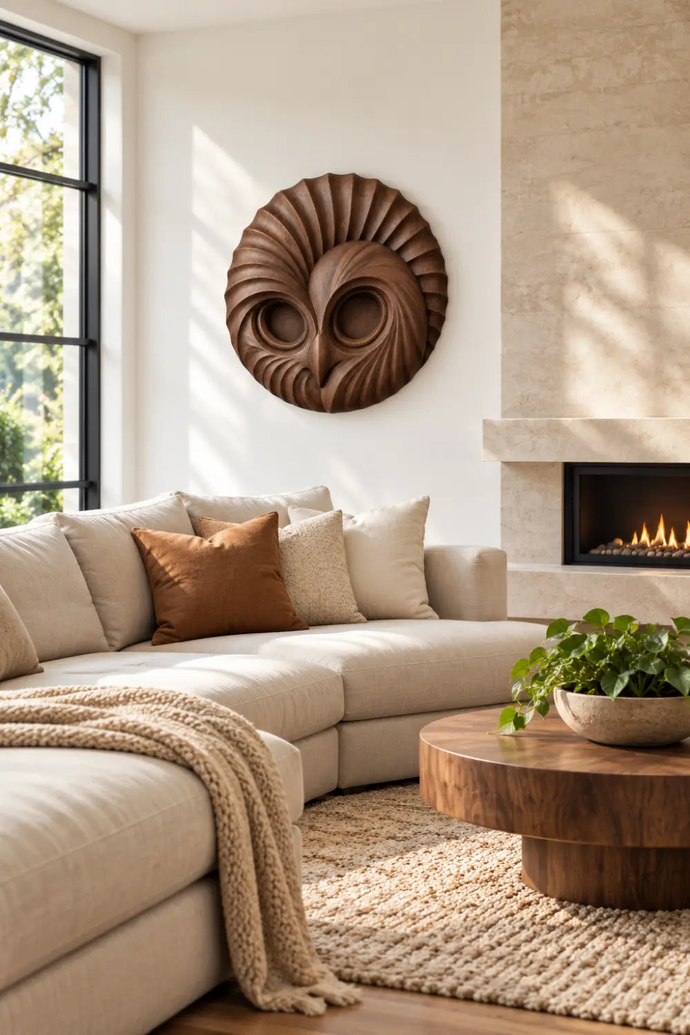 Handcrafted Wooden Owl Head Wall Sculpture | Round Feather Relief Art Decor