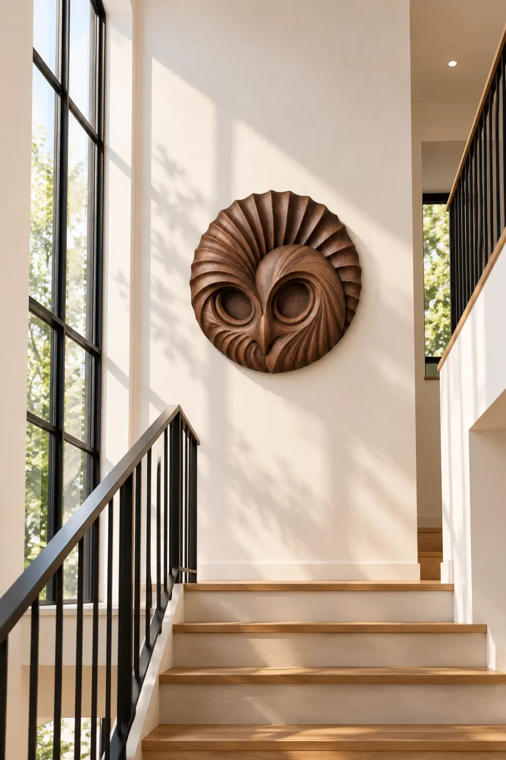 Handcrafted Wooden Owl Head Wall Sculpture | Round Feather Relief Art Decor